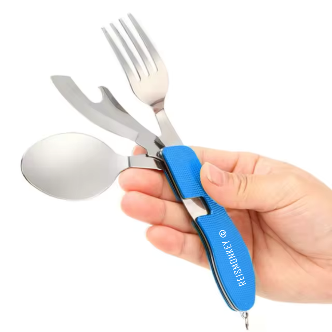 GRÄWE Campingbestek, 4-delig, met zwarte beschermhoes, legerbestek, bestekset van roestvrij staal, outdoor bestekset, samensteekbaar, met flesopener, blikopener en broodmes GRÄWE Campingbestek, 4-delig, met zwarte beschermhoes, legerbestek, bestekset van roestvrij staal, outdoor bestekset, samensteekbaar, met flesopener, blikopener en broodmes